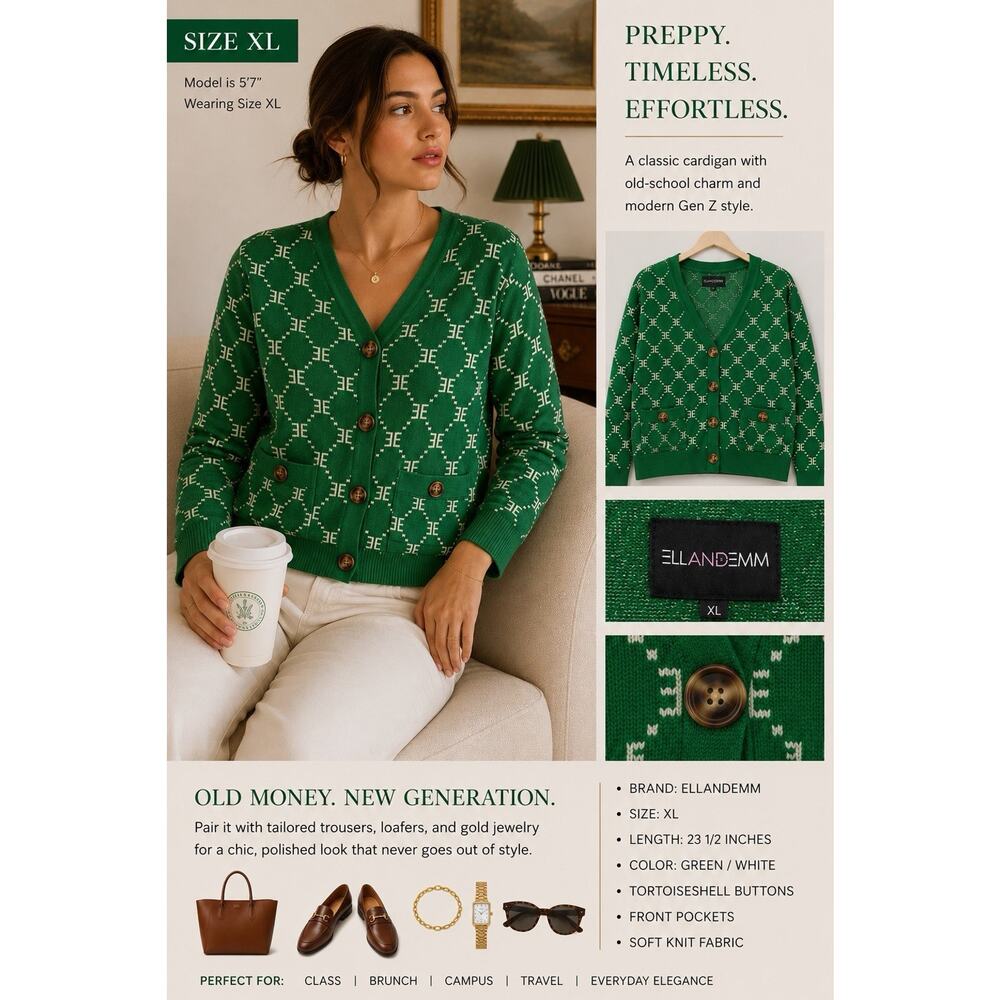 EllandEmm Women’s XL Green EE Logo Monogram Cardian Gold Buttons Preppy